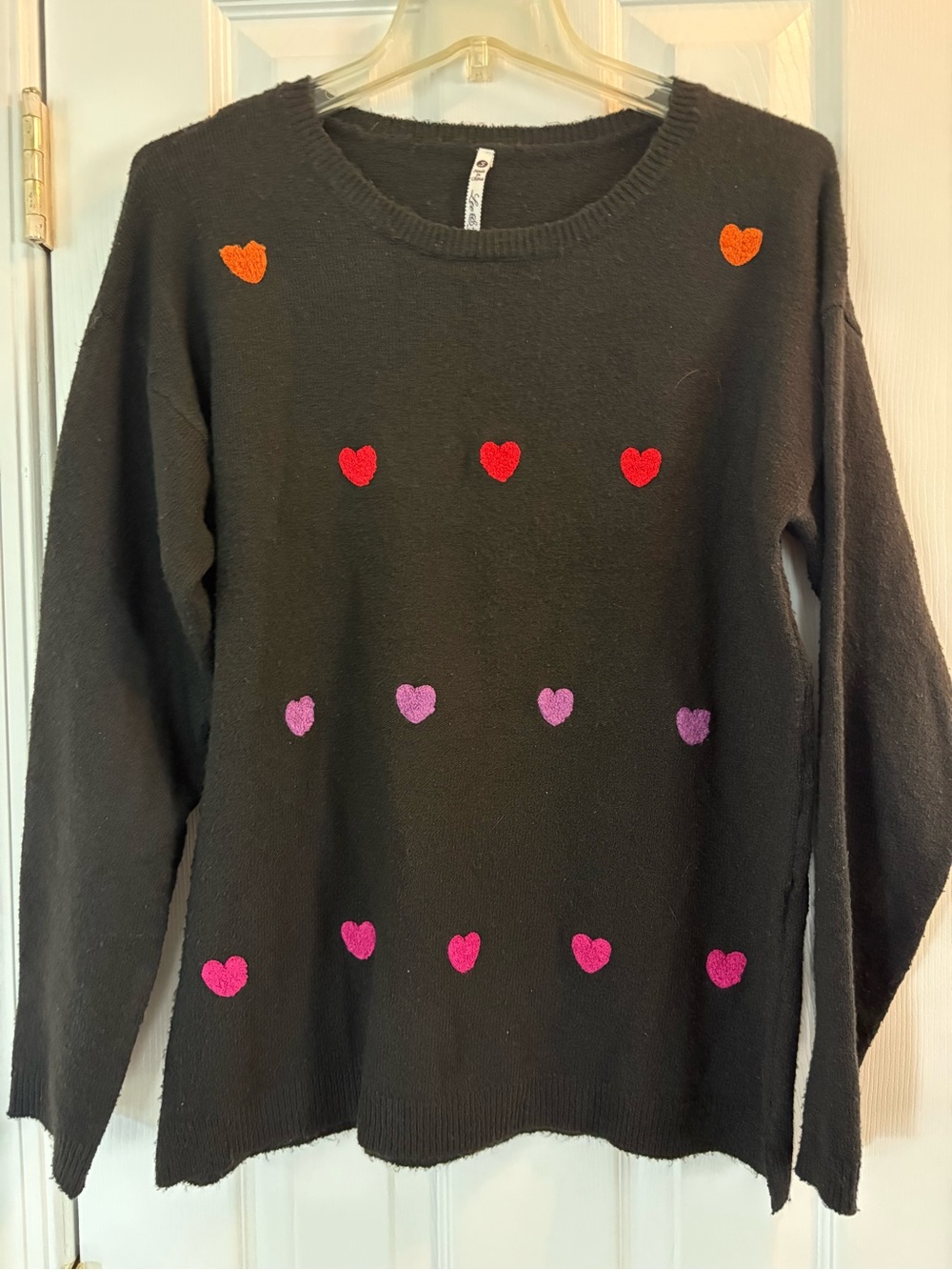 LuLaRoe Black Crewneck Sweater with Multicolor Heart Embroidery